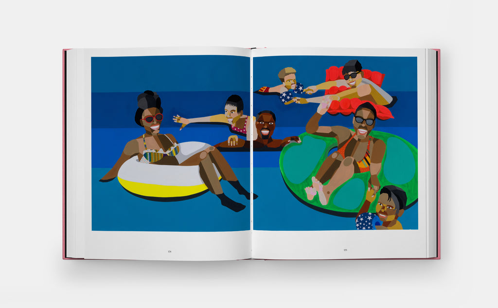 Open book showing illustrations of people on inflatable rings against a blue background