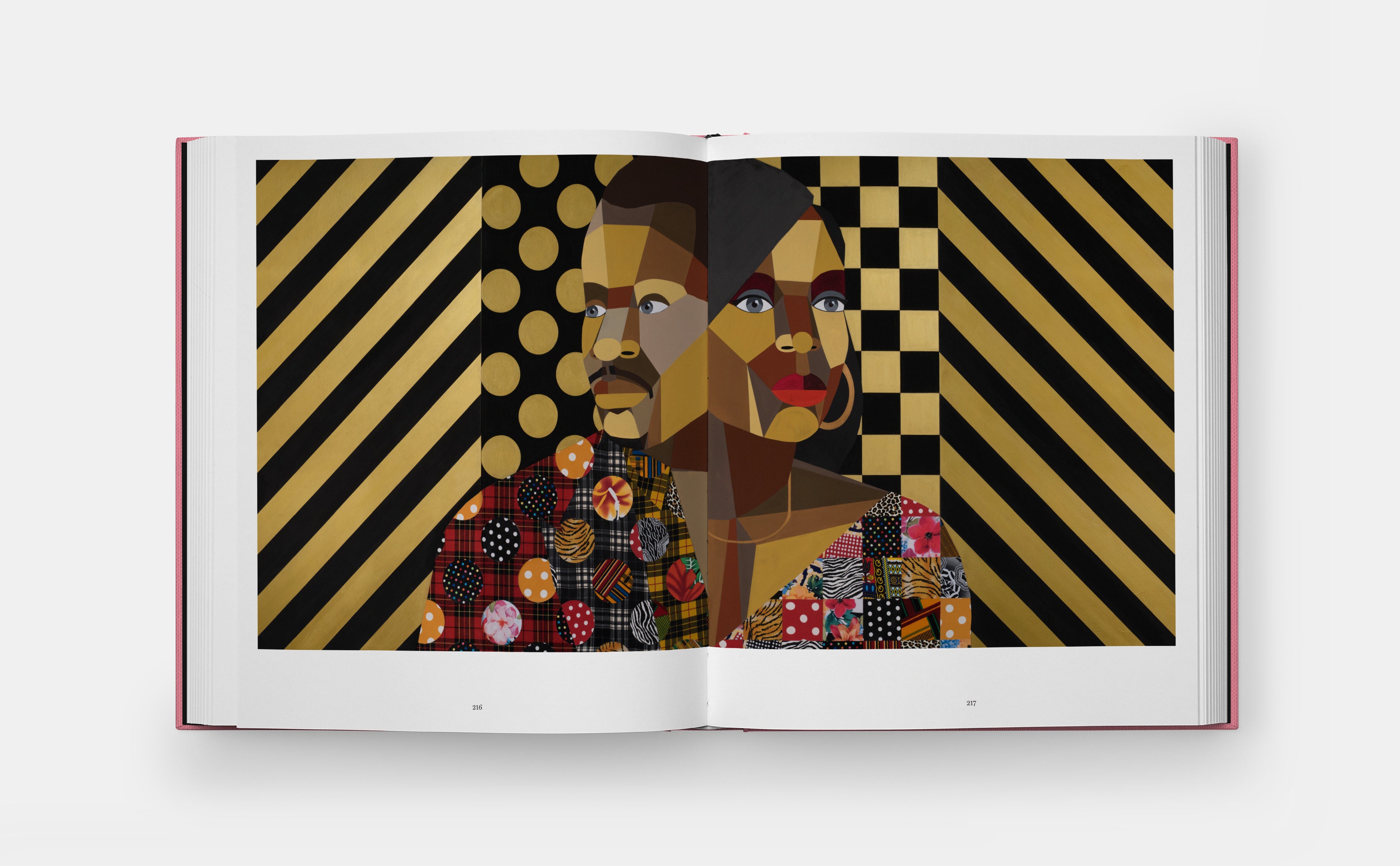 Open book displaying a colorful illustration of 2 people with geometric patterns on a white background