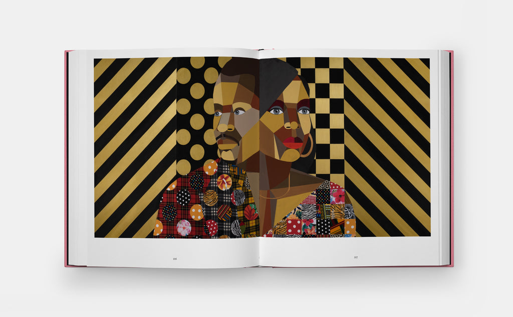 Open book displaying a colorful illustration of 2 people with geometric patterns on a white background