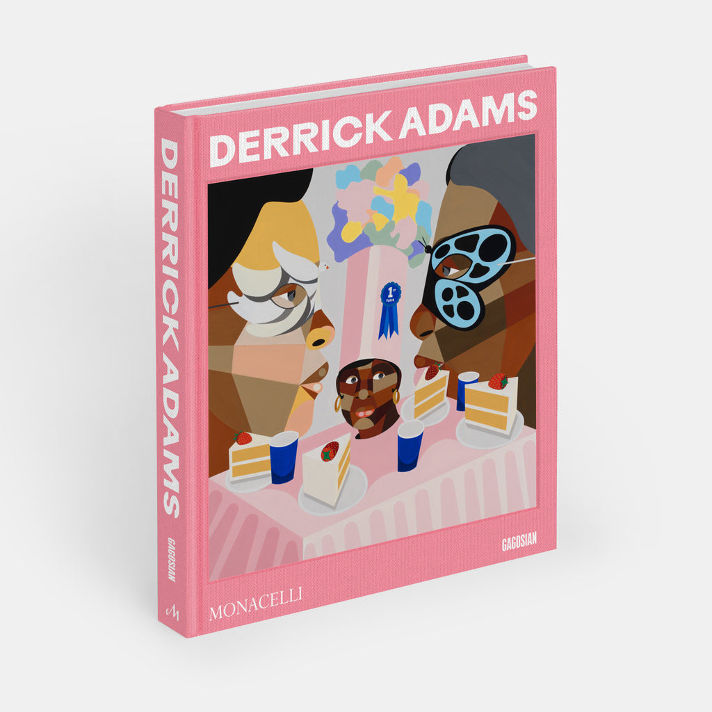 Book titled 'Derrick Adams' with colorful illustration on a pink cover