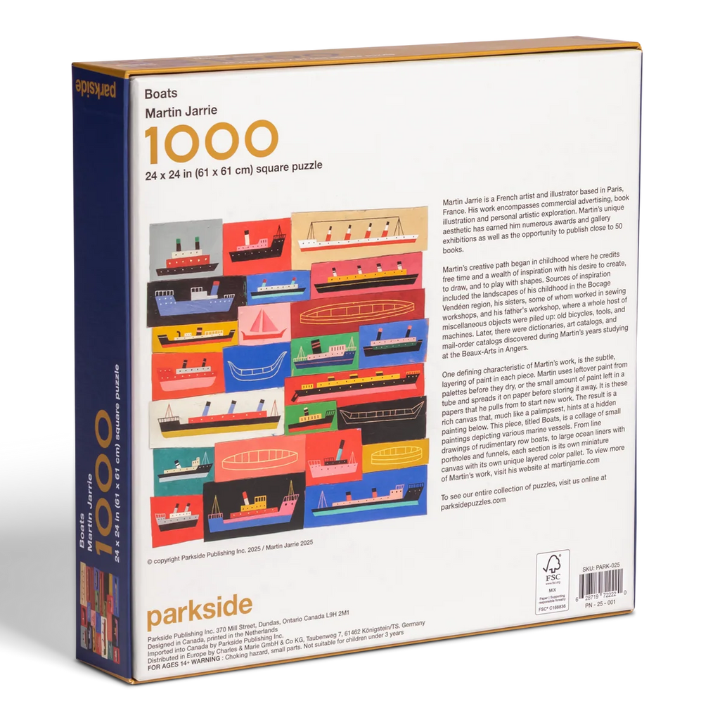 Puzzle box with colorful boat design on a white background