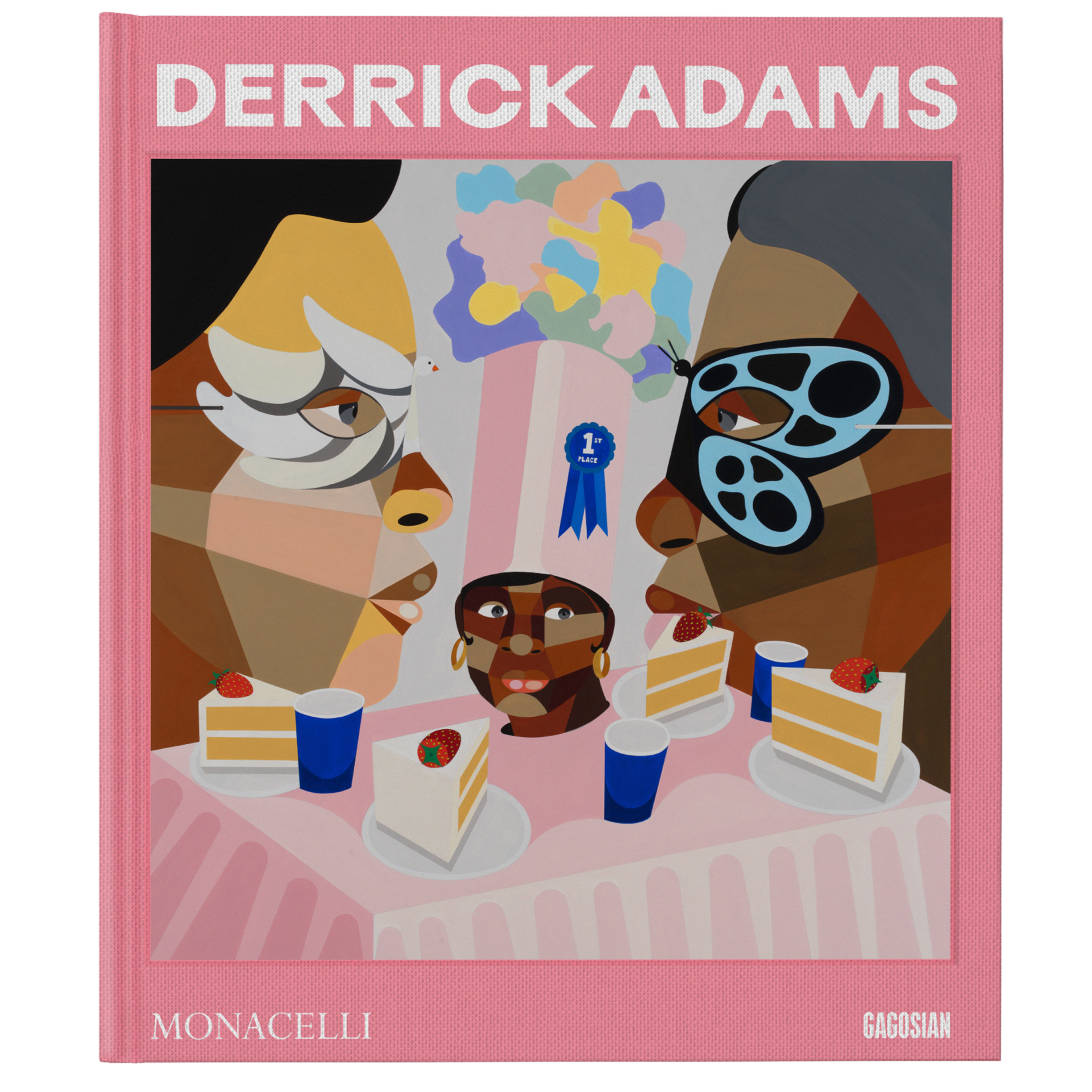 Book cover of 'Derrick Adams' with colorful illustration and pink border