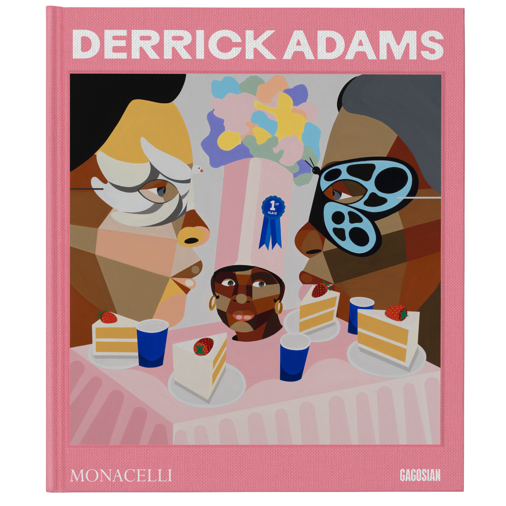 Book cover of 'Derrick Adams' with colorful illustration and pink border
