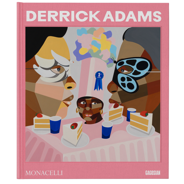 Book cover of 'Derrick Adams' with colorful illustration and pink border