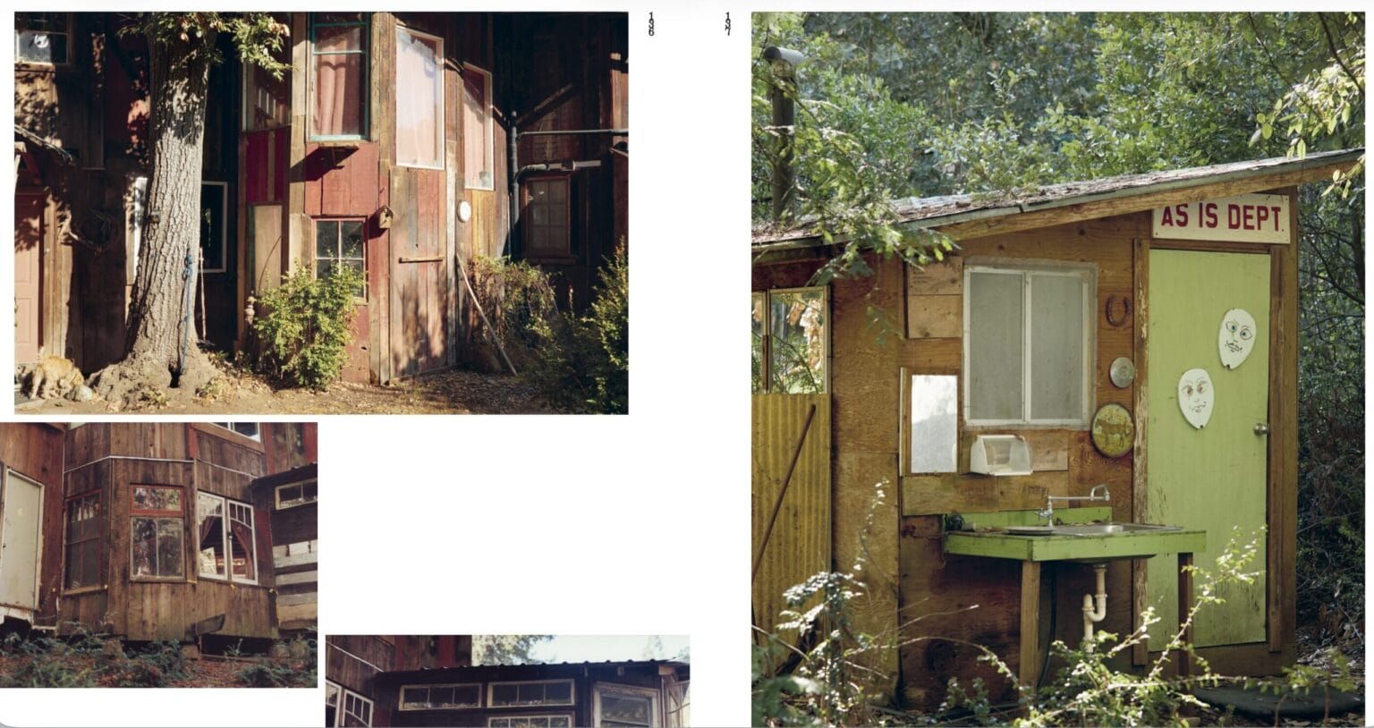 A collage of photographs showing rustic wooden cabins and a small outdoor bathroom structure in a forested setting. The right panel shows a detailed view of a weathered wood shed with a green door, window, sink, and a sign reading 'AS IS DEPT'.