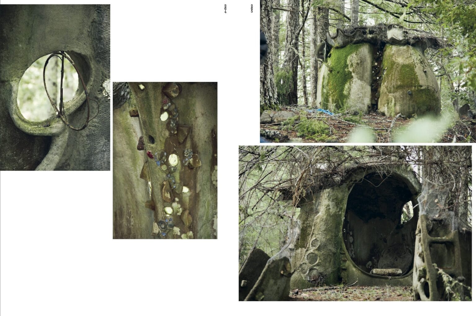 A collage of four photographs showing mossy stone huts or cave-like dwellings in a forest, with one close-up detail panel and three wider outdoor views on a white background.