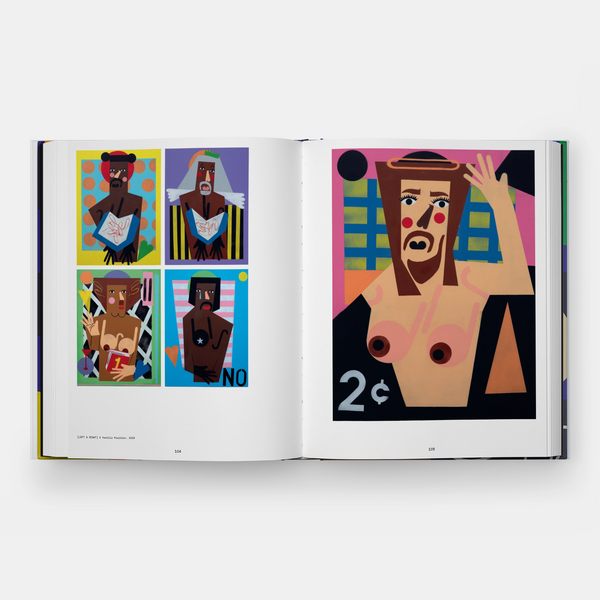 Open book displaying colorful illustrations of a figure with geometric patterns on a white background