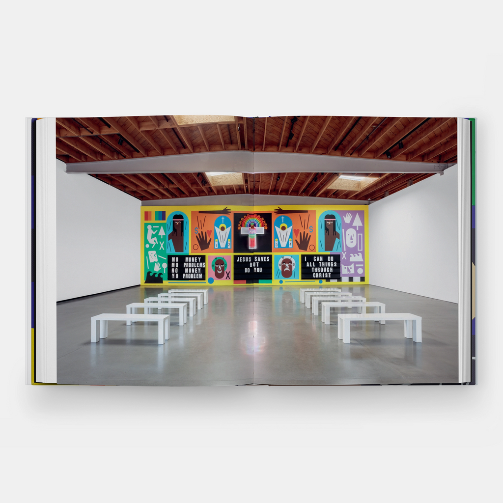 Art gallery with colorful wall art and benches on a white background