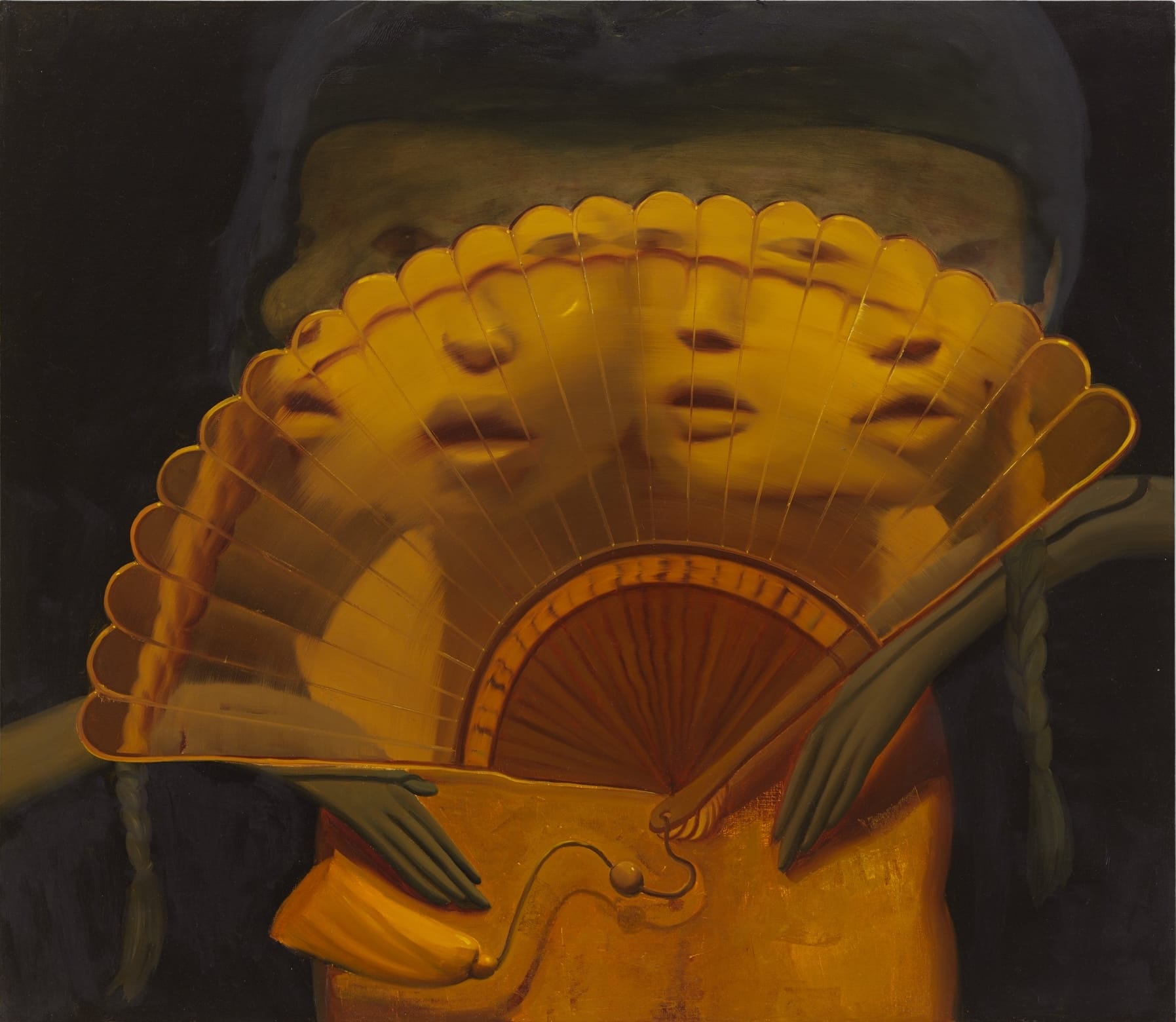 an abstracted painting composition of a fan with four faces merged with it or behind it, set against a dark background