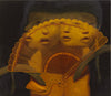 an abstracted painting composition of a fan with four faces merged with it or behind it, set against a dark background