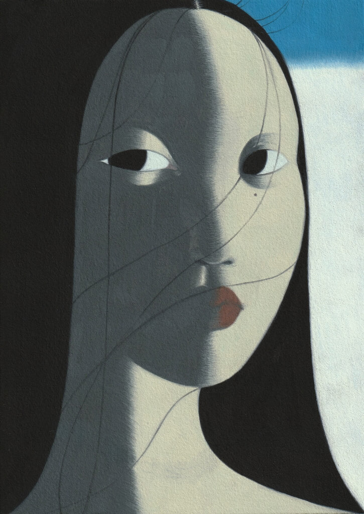a vertical, simplified portrait of an Asian woman with long black hair, with a dark shadow on one side of her face